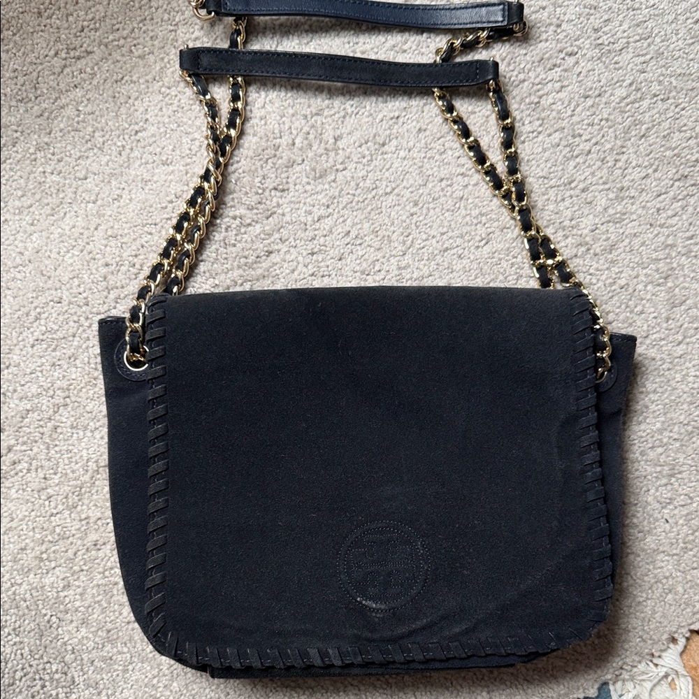 Tory Burch Black Suede Shoulder Bag with Gold Chain